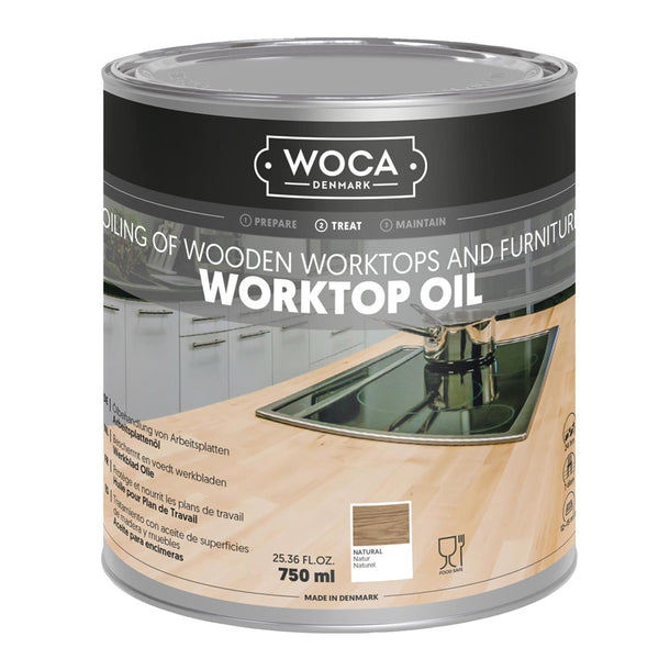WOCA Worktop Oil is for countertops, tabletops and similar wood surfaces.  It is certified food safe.  Creates a highly water and dirt repellant wood surface.